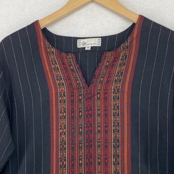 WESTSIDE Tunic M Woolen Kurta Southwestern Striped Split Neck 3/4 Sleeve Black - Picture 4 of 13